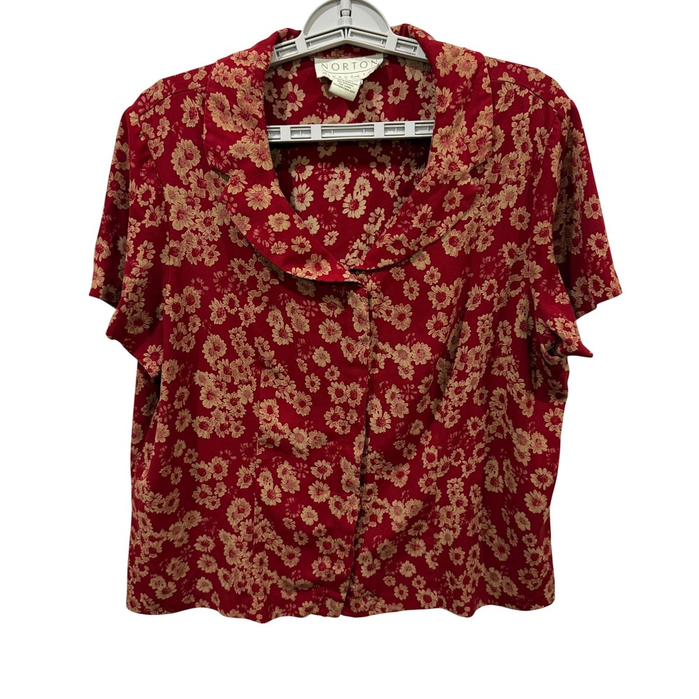 Norton McNaughton Vintage Red Floral Button Up Blouse Short Sleeve XL Hong Kong